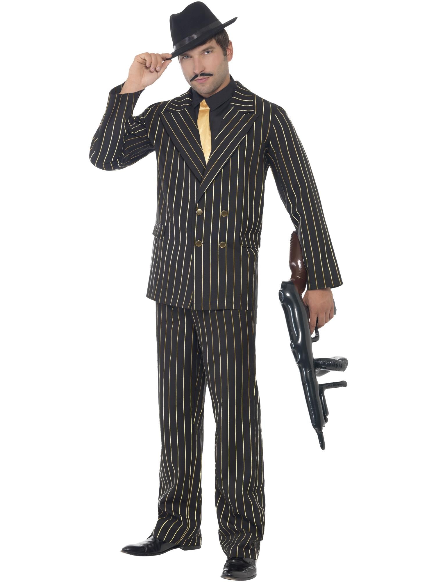 Gold Pinstripe Gangster Costume, Black