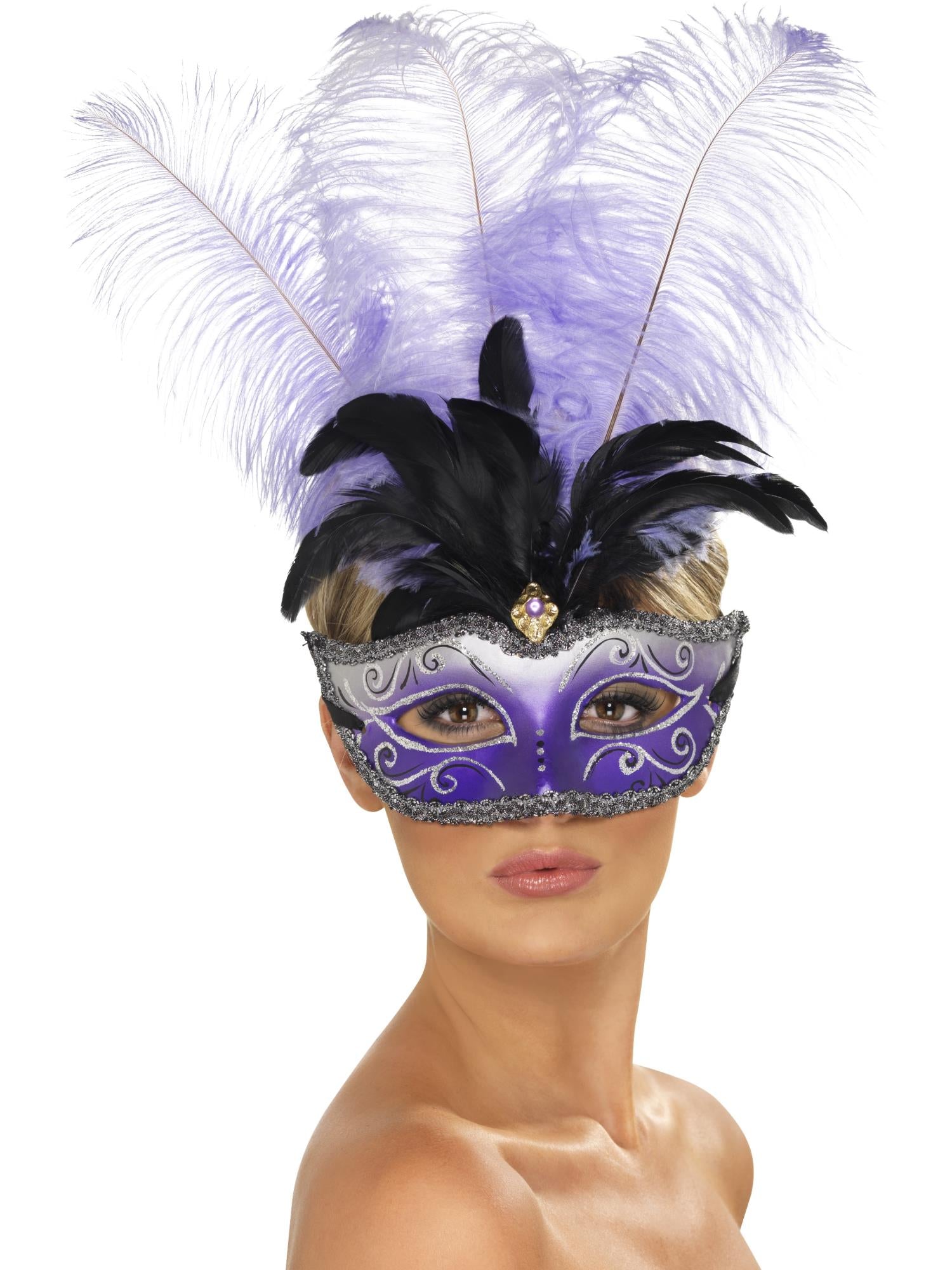 Venetian Colombina Eyemask with Multicolour Plume,