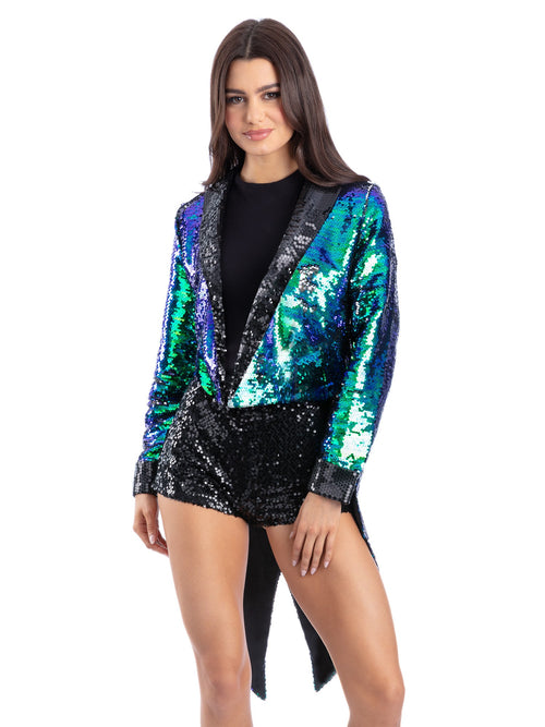 Unisex Sequin Tailcoat Jacket, Blue & Green