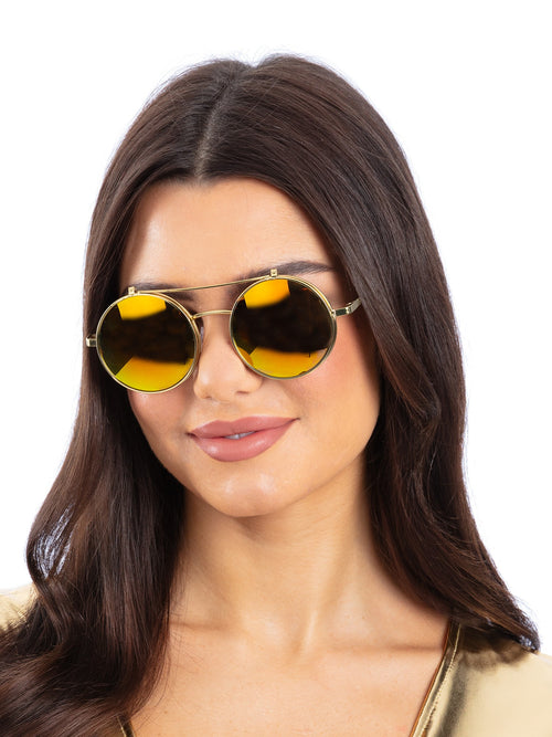 Metallic Gold Flip Up Mirrored Round Specs