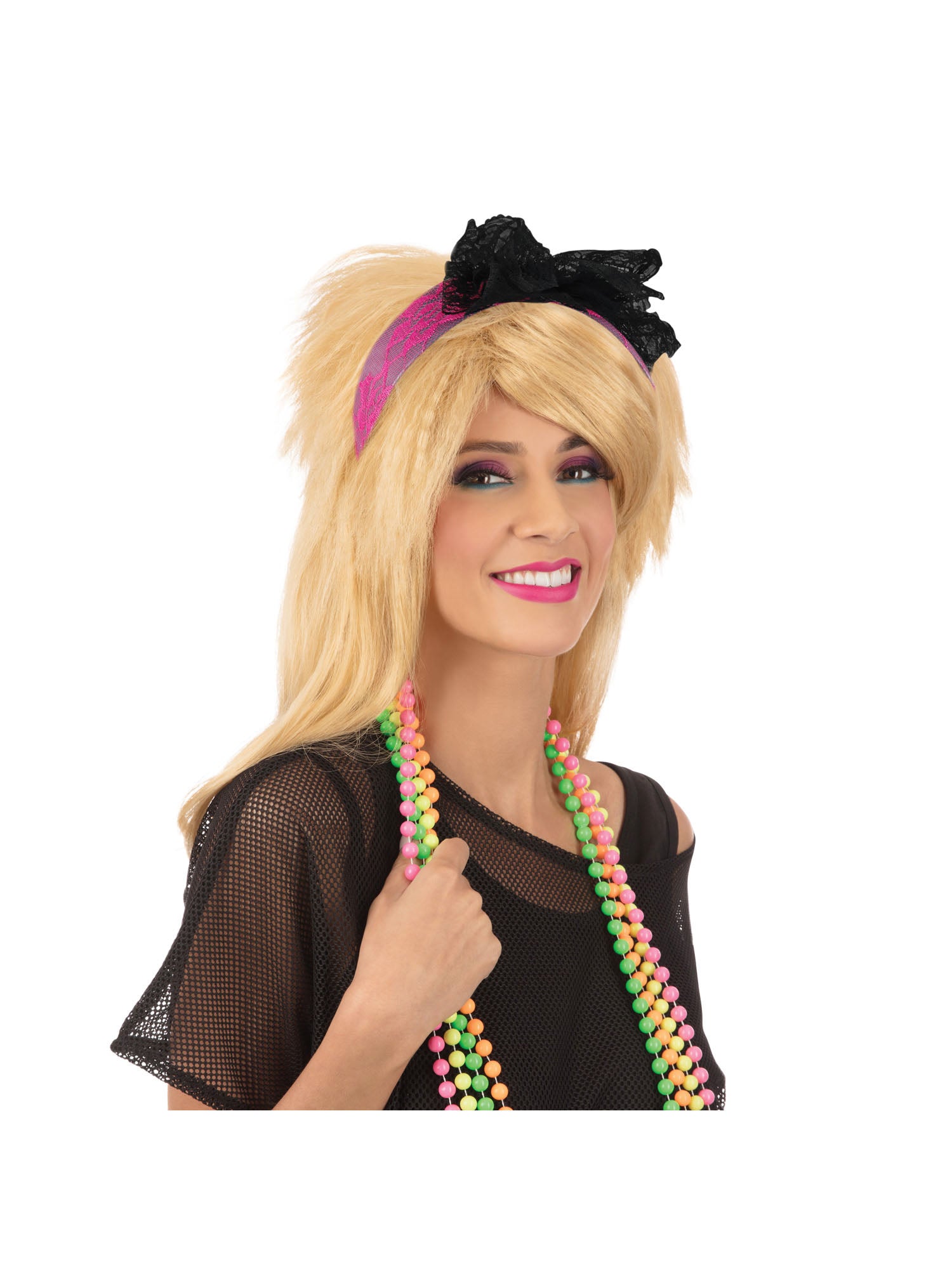 80's Neon Lace Headband - Pink