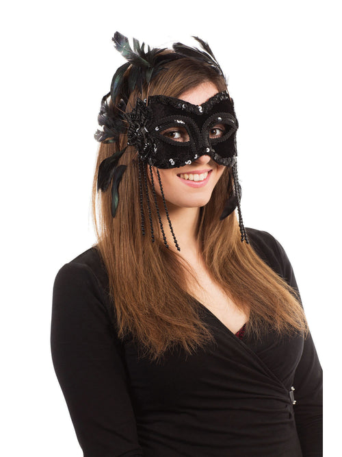 Black Velvet Mask With Feathers